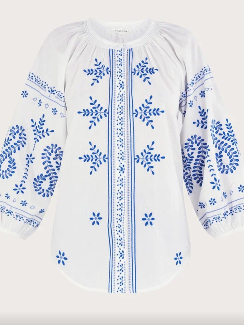 Calessa White Blue Embroidered Cotton Boho Tunic Peasant Blouse Size S